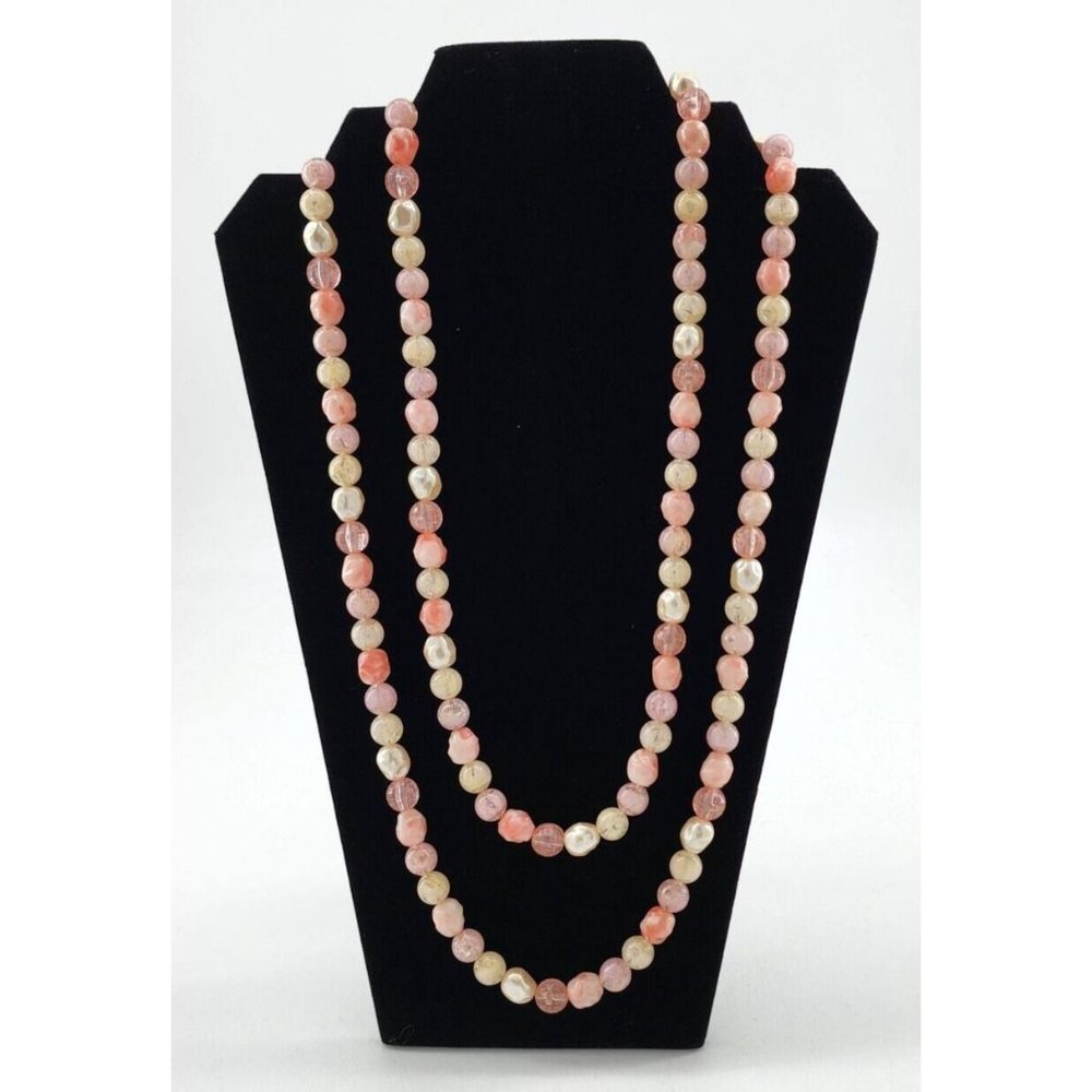 Vintage CORO 52" Long Flapper Beaded Necklace Multi Textured Pink Beads